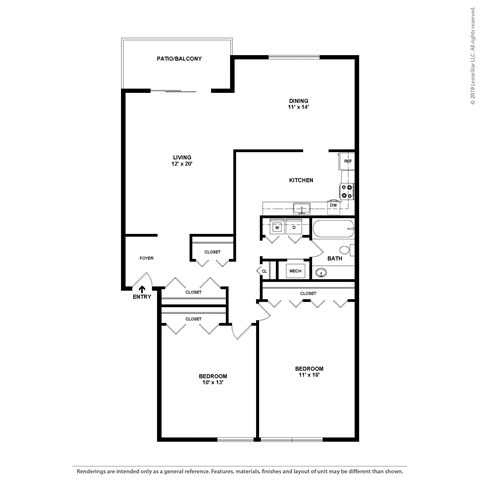 Floor plan for 2 beds, 1 bath, 1146 sqft